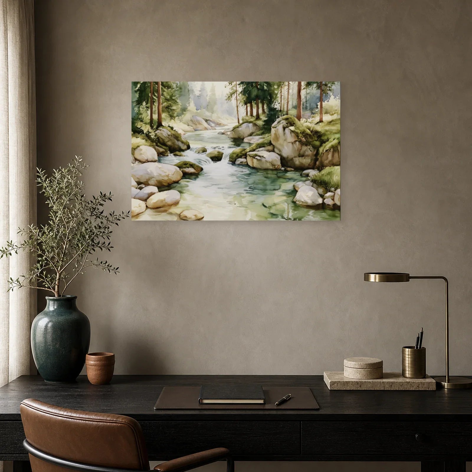 Tableau Rivière Forêt Peinture - Courant Vert dans un bureau - Art Virtuoso