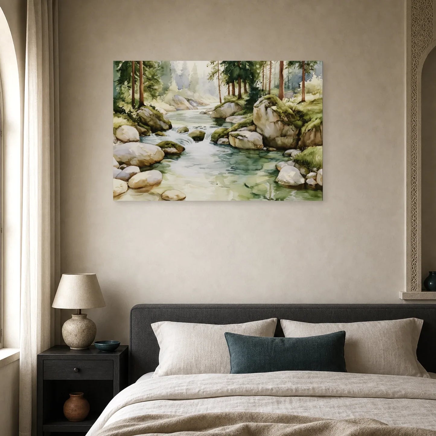 Tableau Rivière Forêt Peinture - Courant Vert dans une chambre - Art Virtuoso