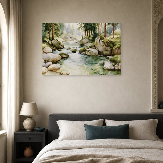 Tableau Rivière Forêt Peinture - Courant Vert dans une chambre - Art Virtuoso