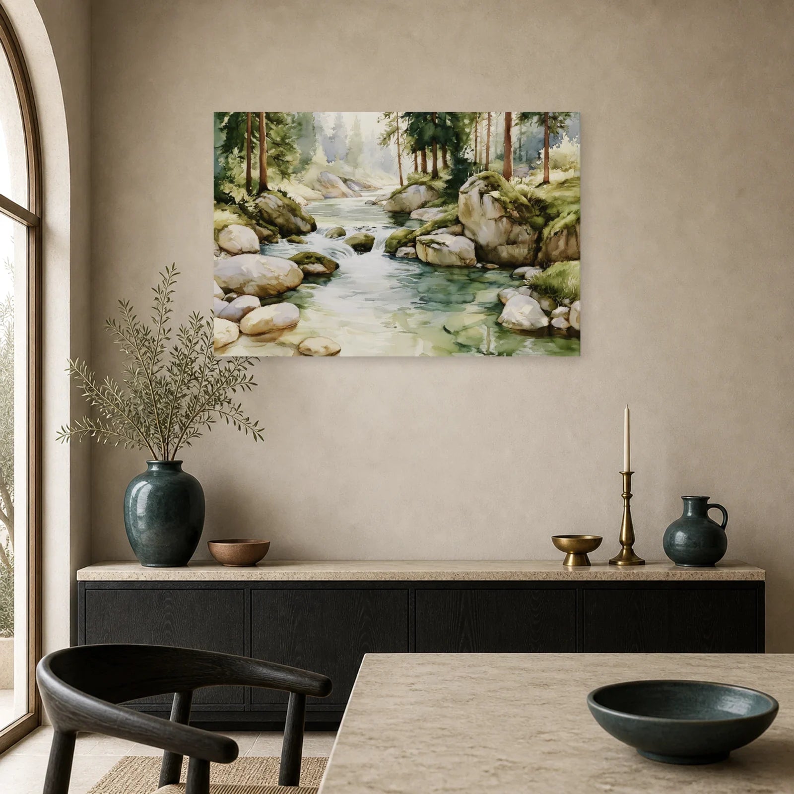 Tableau Rivière Forêt Peinture - Courant Vert dans une cuisine - Art Virtuoso