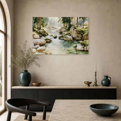 Tableau Rivière Forêt Peinture - Courant Vert dans une cuisine - Art Virtuoso