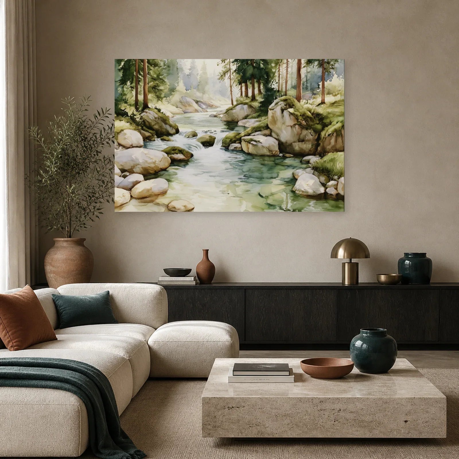 Tableau Rivière Forêt Peinture - Courant Vert dans un salon - Art Virtuoso