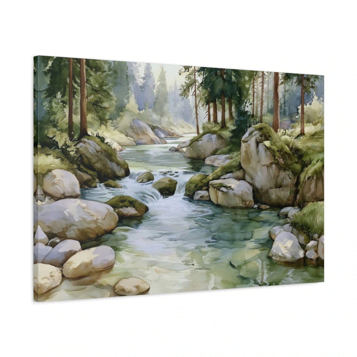 Tableau rivière forêt peinture avec rochers et lumière verte - toile 3D avec bords imprimés visibles