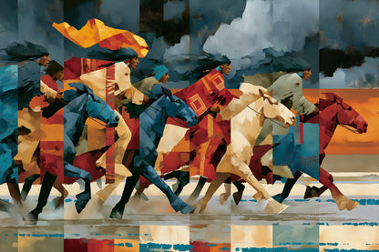 Tableau aux jockeys penchés et bandes fragmentées, format L
