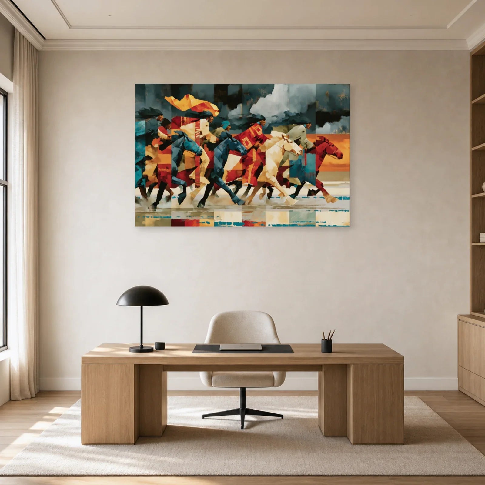 Tableau équestre bleu et rouge installé dans un bureau