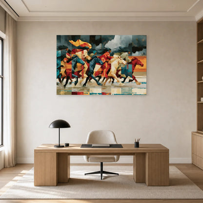Tableau équestre bleu et rouge installé dans un bureau