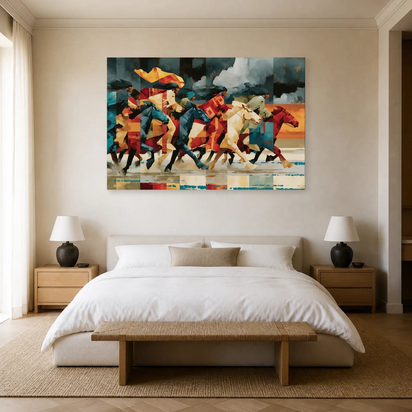 Panorama de chevaux au galop dans une chambre contemporaine