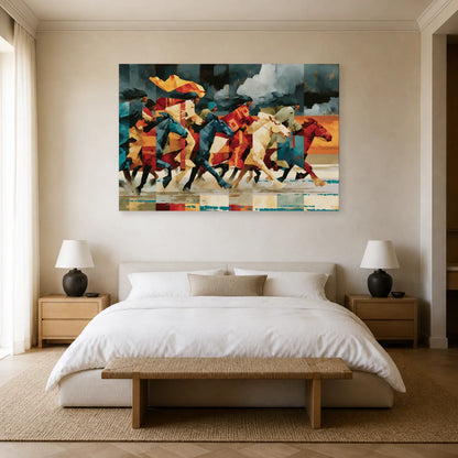 Panorama de chevaux au galop dans une chambre contemporaine