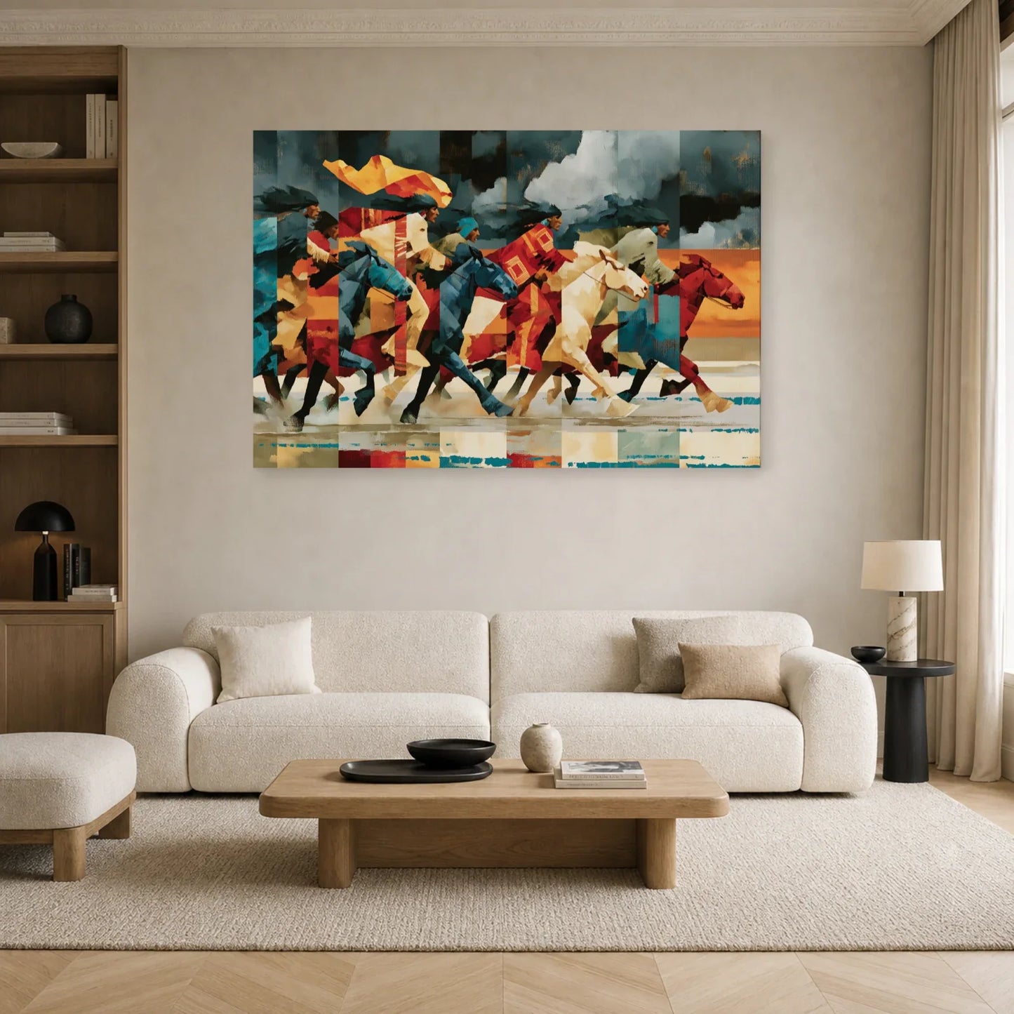 Course de chevaux en collage exposée dans un salon moderne