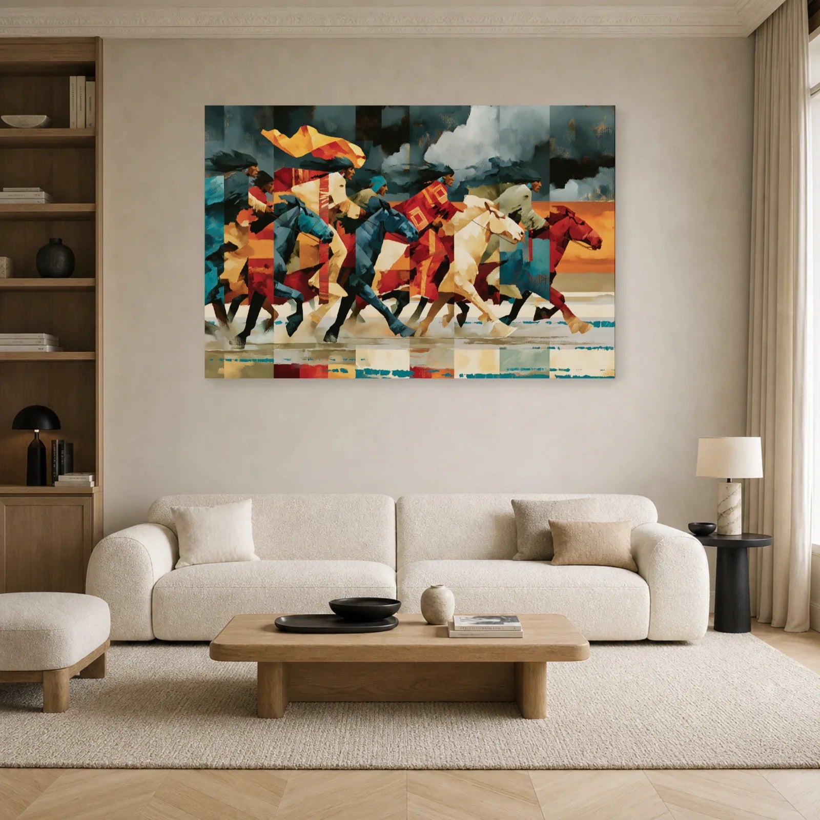 Course de chevaux en collage exposée dans un salon moderne