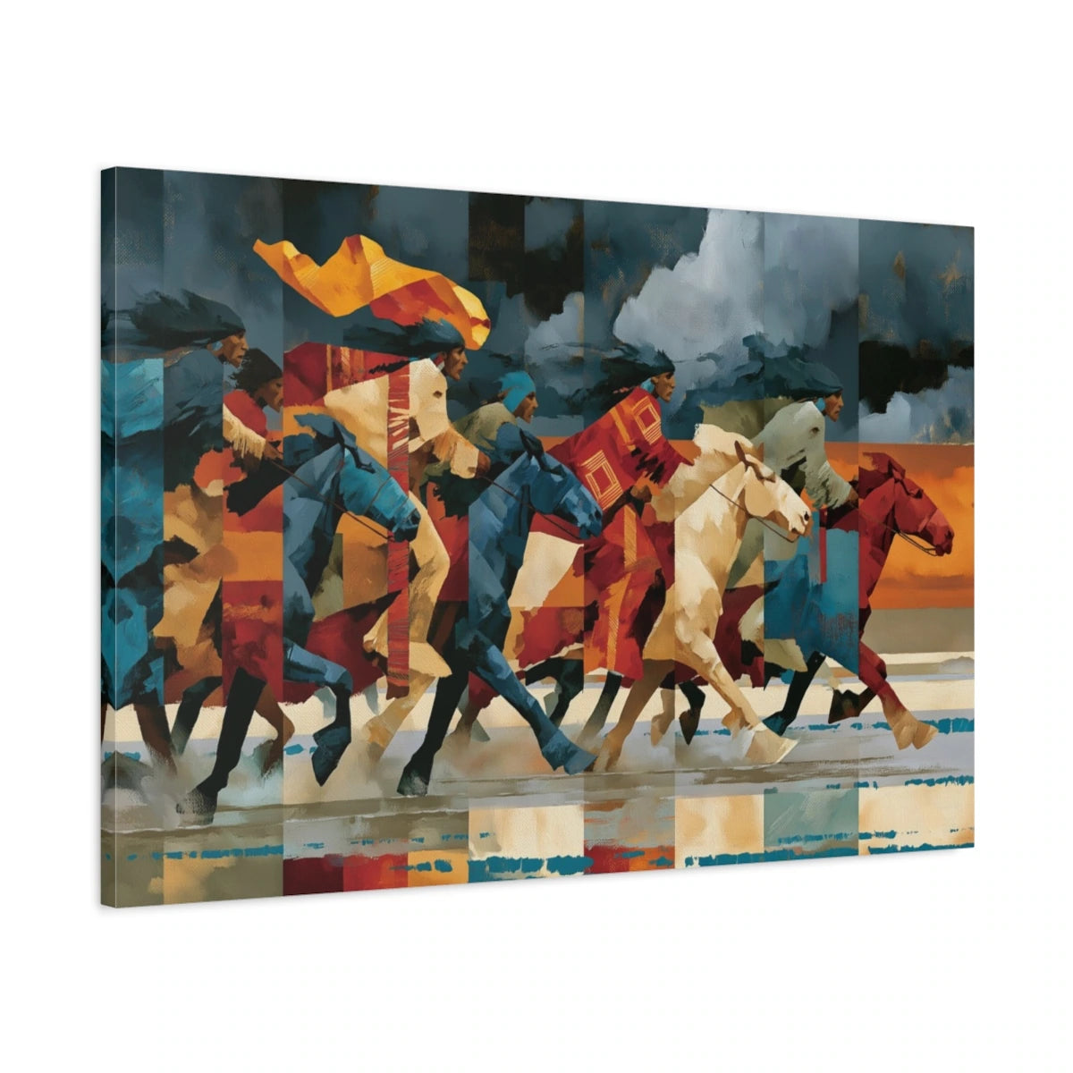 Vue 3D de côté du tableau course de chevaux en collage contemporain