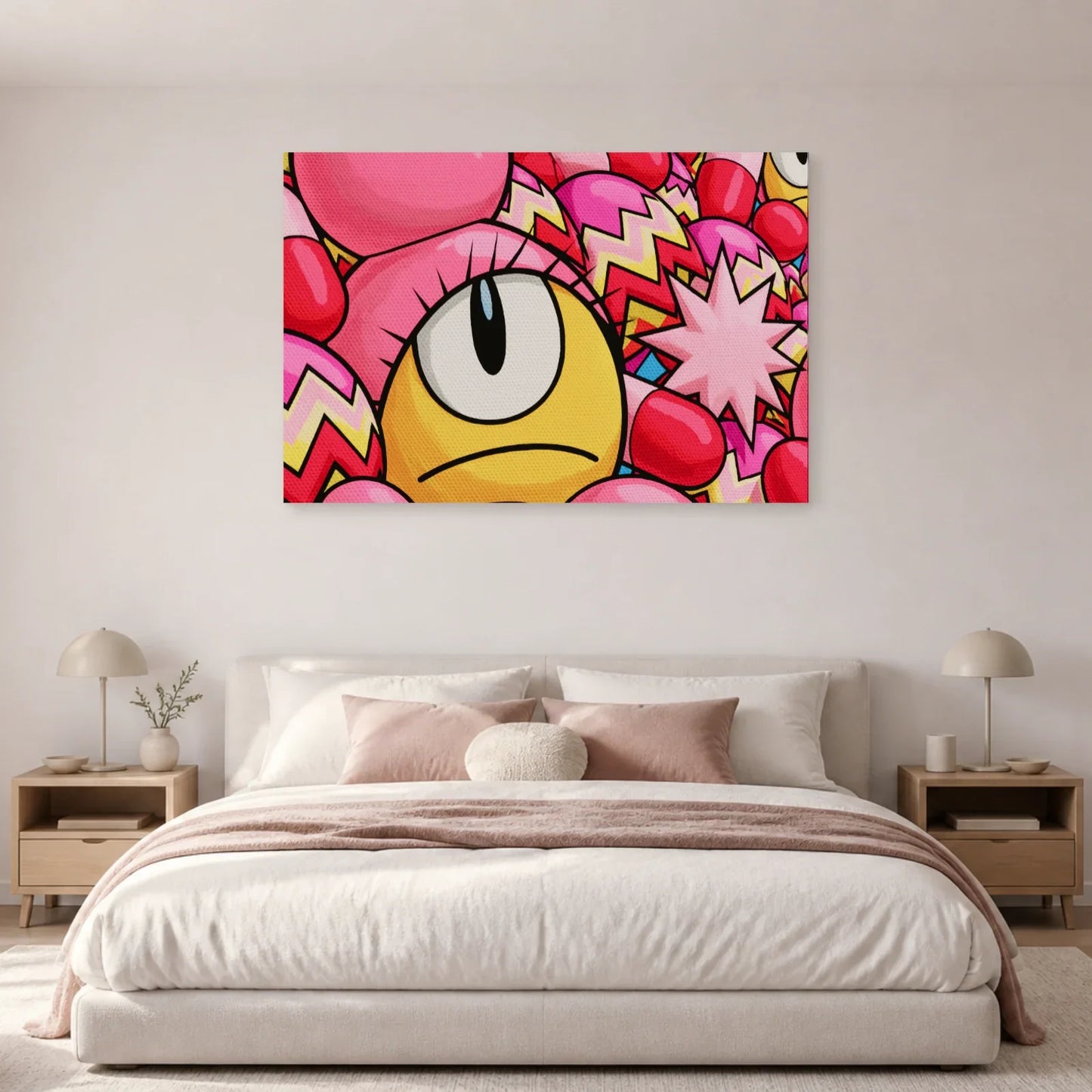 Tableau Rose Bonbon Pop Géométrique présenté dans une chambre - Art Virtuoso