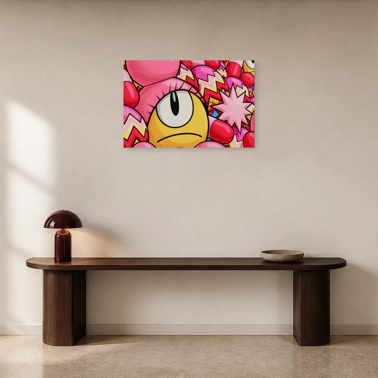 Tableau Rose Bonbon Pop Géométrique présenté dans une entrée - Art Virtuoso