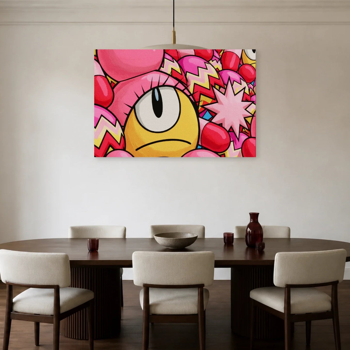 Tableau Rose Bonbon Pop Géométrique présenté dans une salle à manger - Art Virtuoso