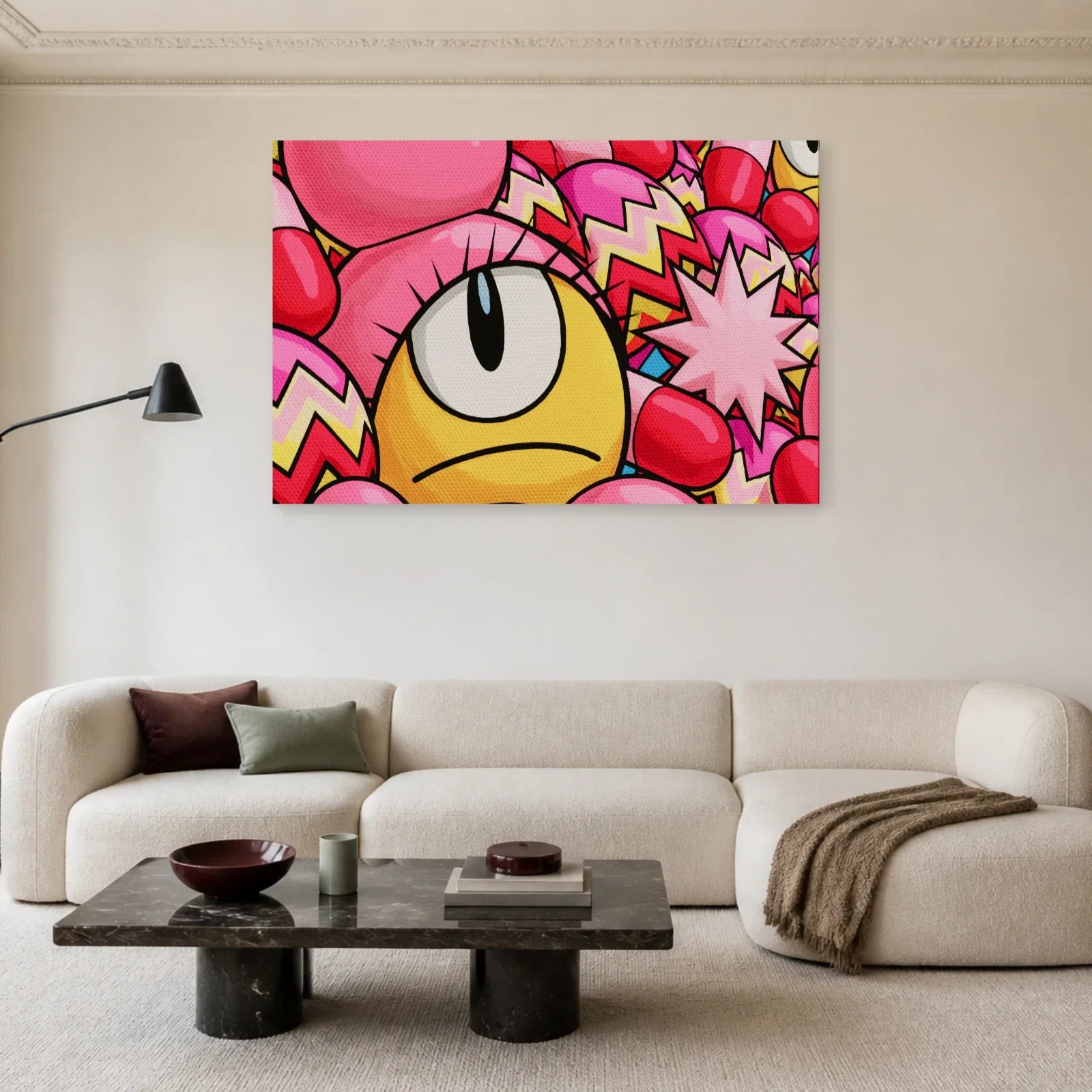 Tableau Rose Bonbon Pop Géométrique présenté dans un salon - Art Virtuoso