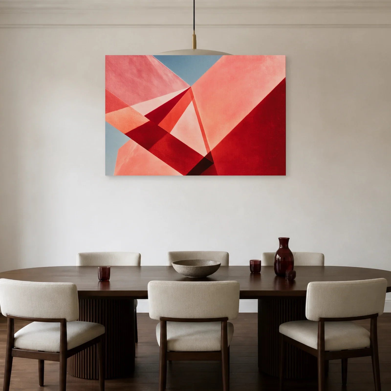 Tableau Rose et Violet Prismes présenté dans une salle à manger - Art Virtuoso