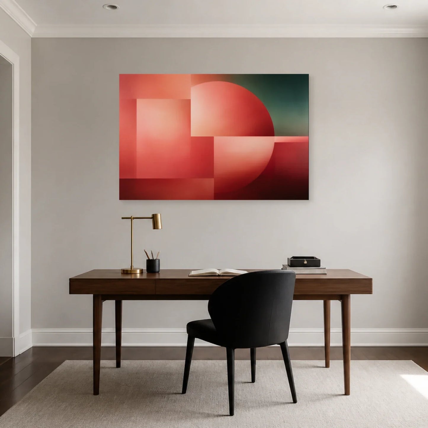 Tableau Rose Saumon Géométrique présenté dans un bureau - Art Virtuoso