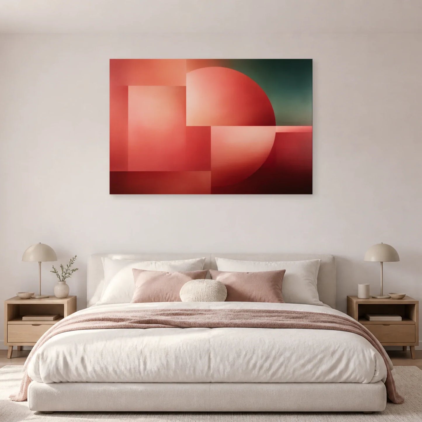 Tableau Rose Saumon Géométrique présenté dans une chambre - Art Virtuoso