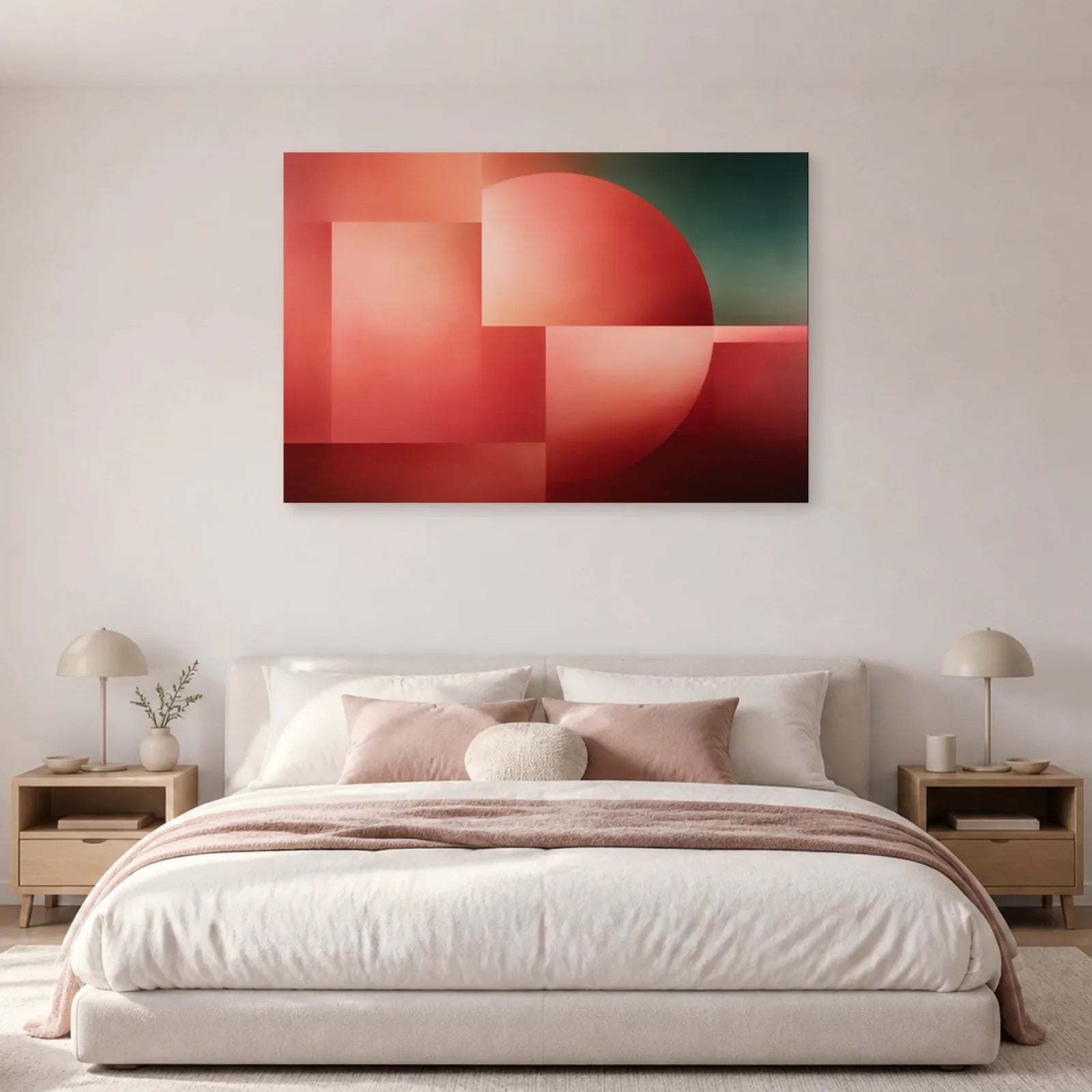Tableau Rose Saumon Géométrique présenté dans une chambre - Art Virtuoso