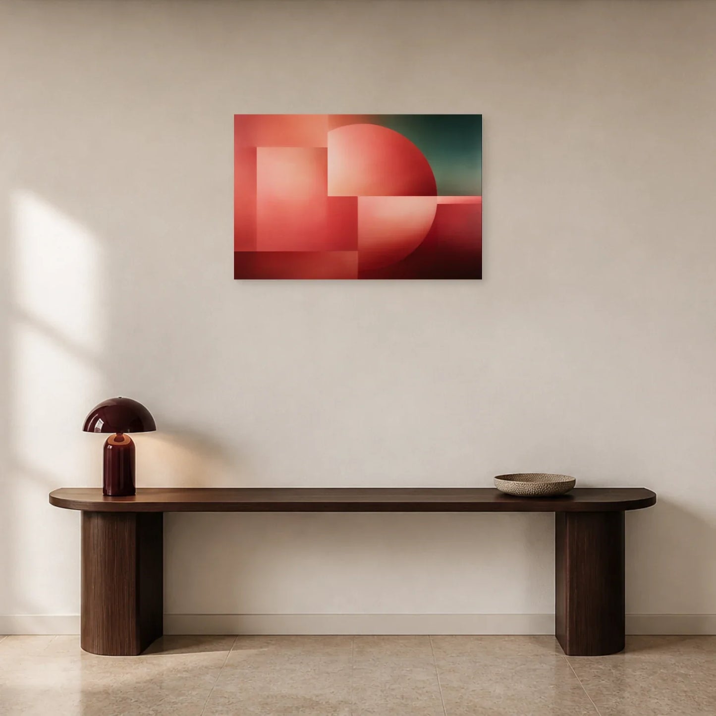 Tableau Rose Saumon Géométrique présenté dans une entrée - Art Virtuoso