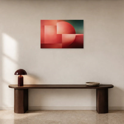 Tableau Rose Saumon Géométrique présenté dans une entrée - Art Virtuoso