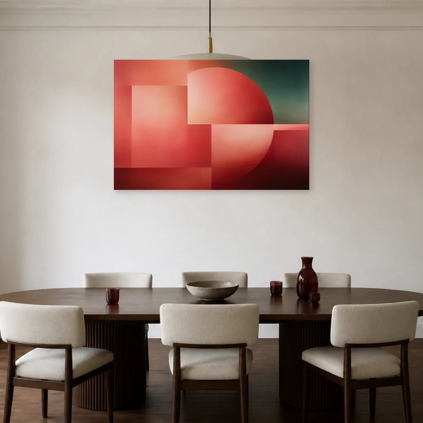 Tableau Rose Saumon Géométrique présenté dans une salle à manger - Art Virtuoso