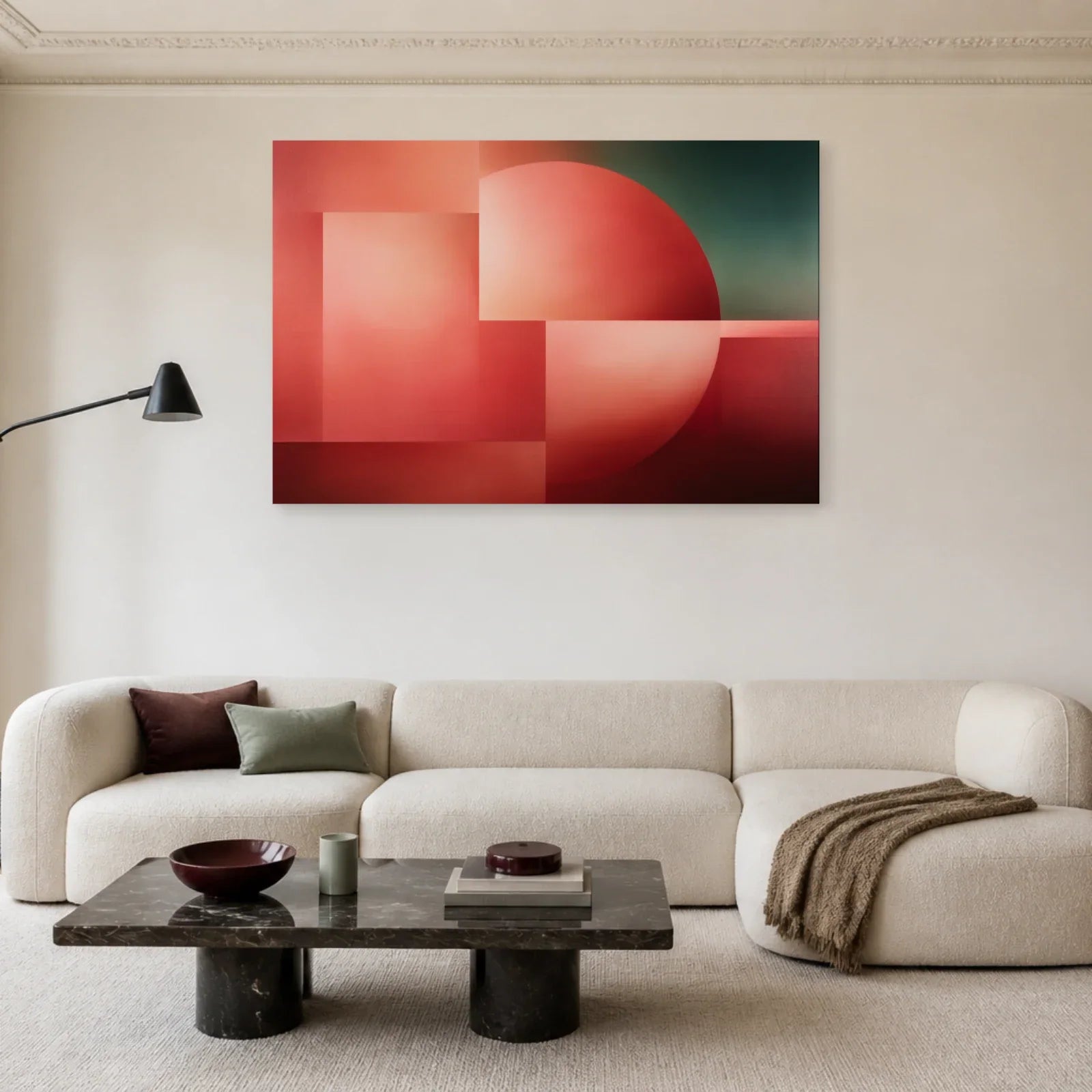 Tableau Rose Saumon Géométrique présenté dans un salon - Art Virtuoso