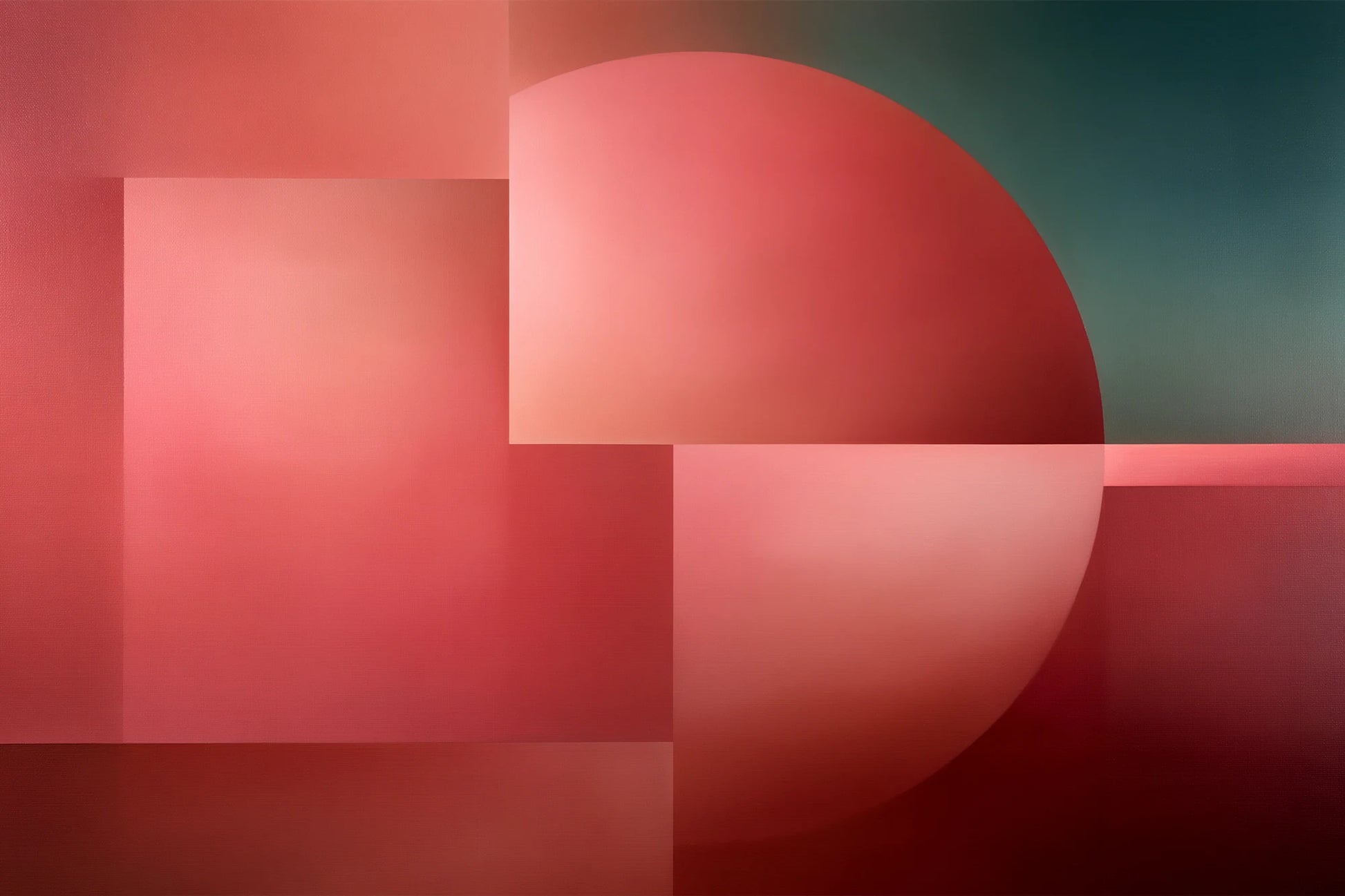 Tableau Rose Saumon Géométrique, une architecture de rectangles et d’arcs peints dans des tons saumonés, format S - Art Virtuoso