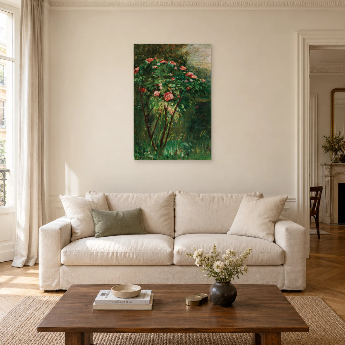 Tableau Le Rosier fleuri de Caillebotte dans un salon - Art Virtuoso