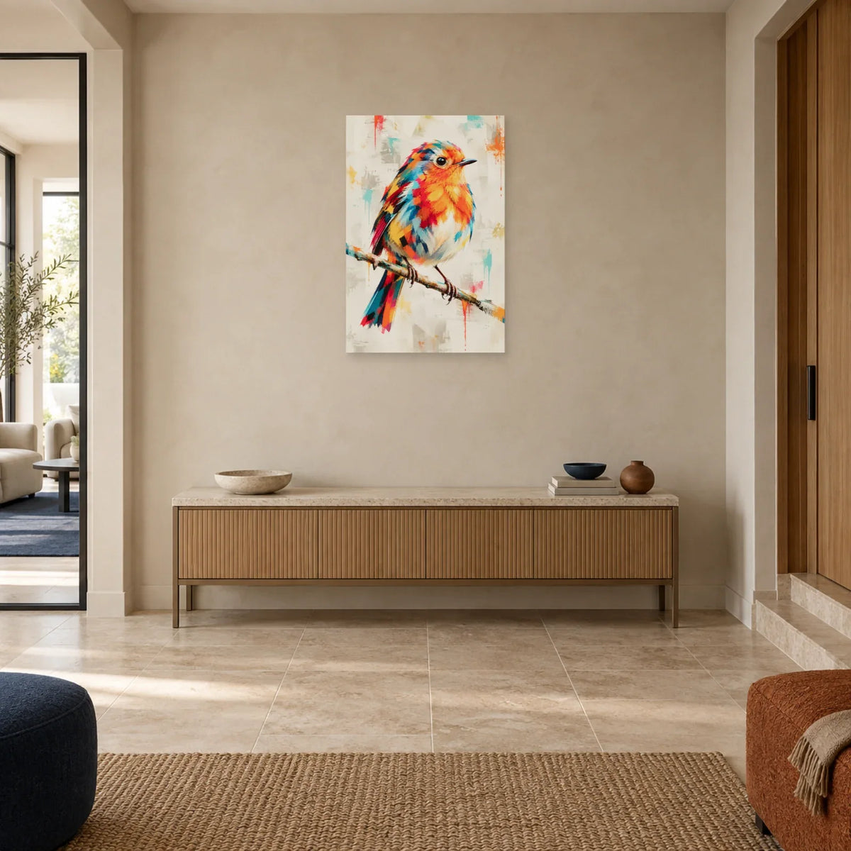 Tableau rouge-gorge multicolore – Élan sur la branche dans une entrée ou un couloir - Art Virtuoso