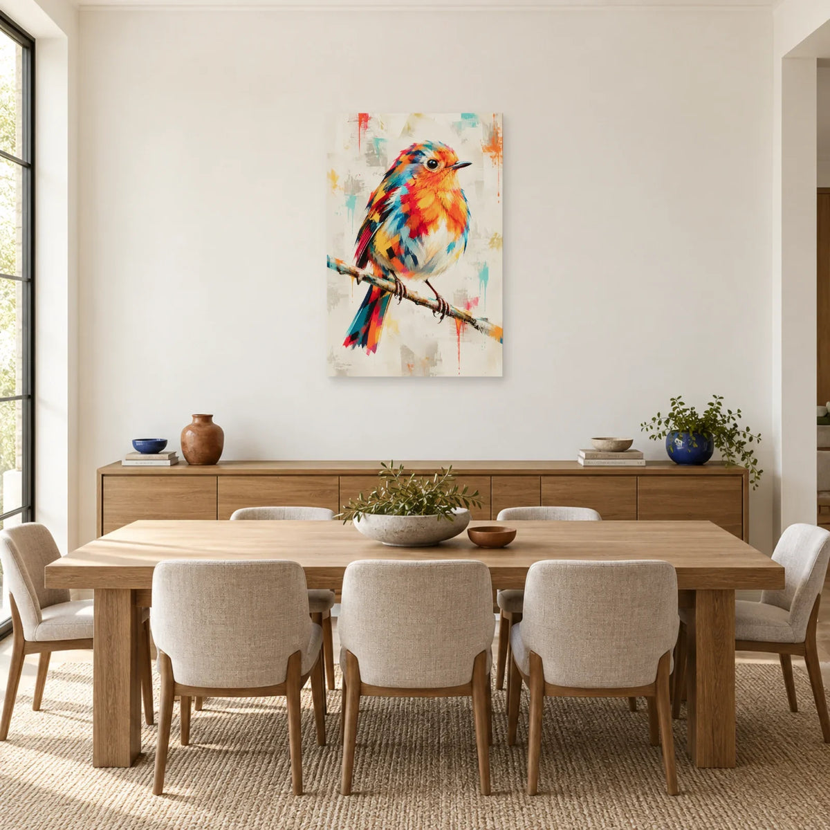 Tableau rouge-gorge multicolore – Élan sur la branche dans une salle à manger - Art Virtuoso