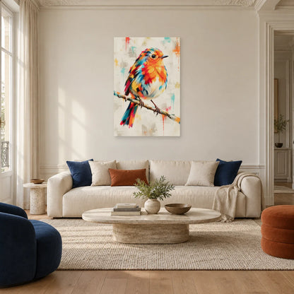 Tableau rouge-gorge multicolore – Élan sur la branche dans un salon - Art Virtuoso