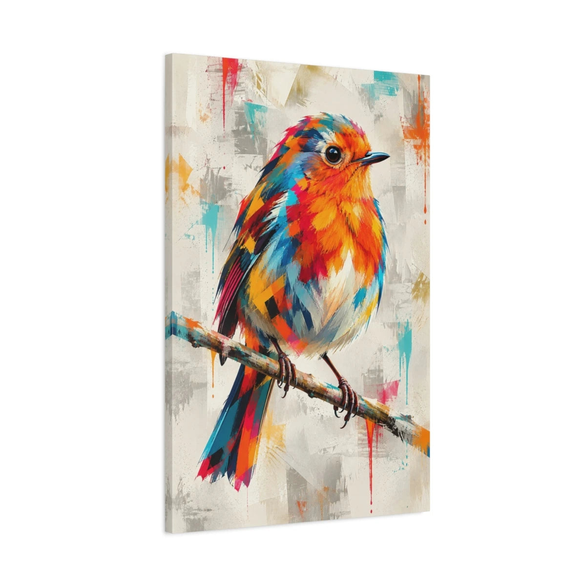 Tableau rouge-gorge multicolore – Élan sur la branche - toile 3D avec bords imprimés - Art Virtuoso