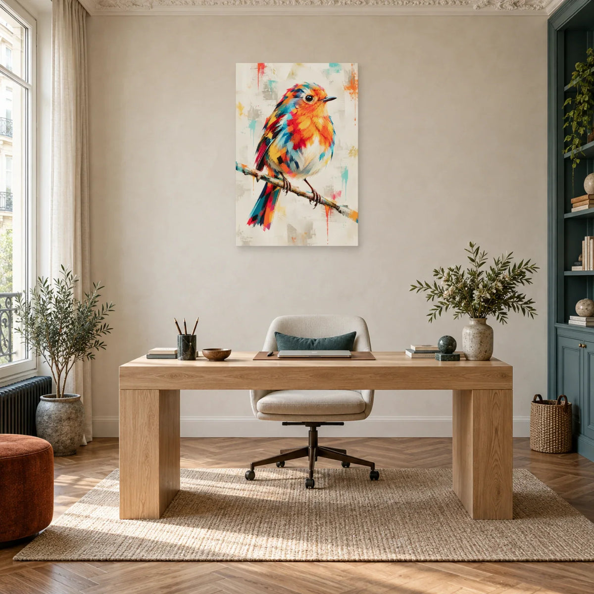 Tableau rouge-gorge multicolore – Élan sur la branche dans un bureau - Art Virtuoso