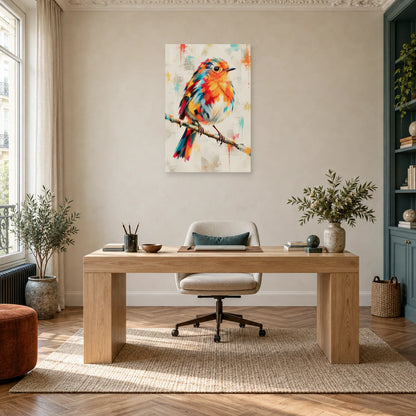 Tableau rouge-gorge multicolore – Élan sur la branche dans un bureau - Art Virtuoso