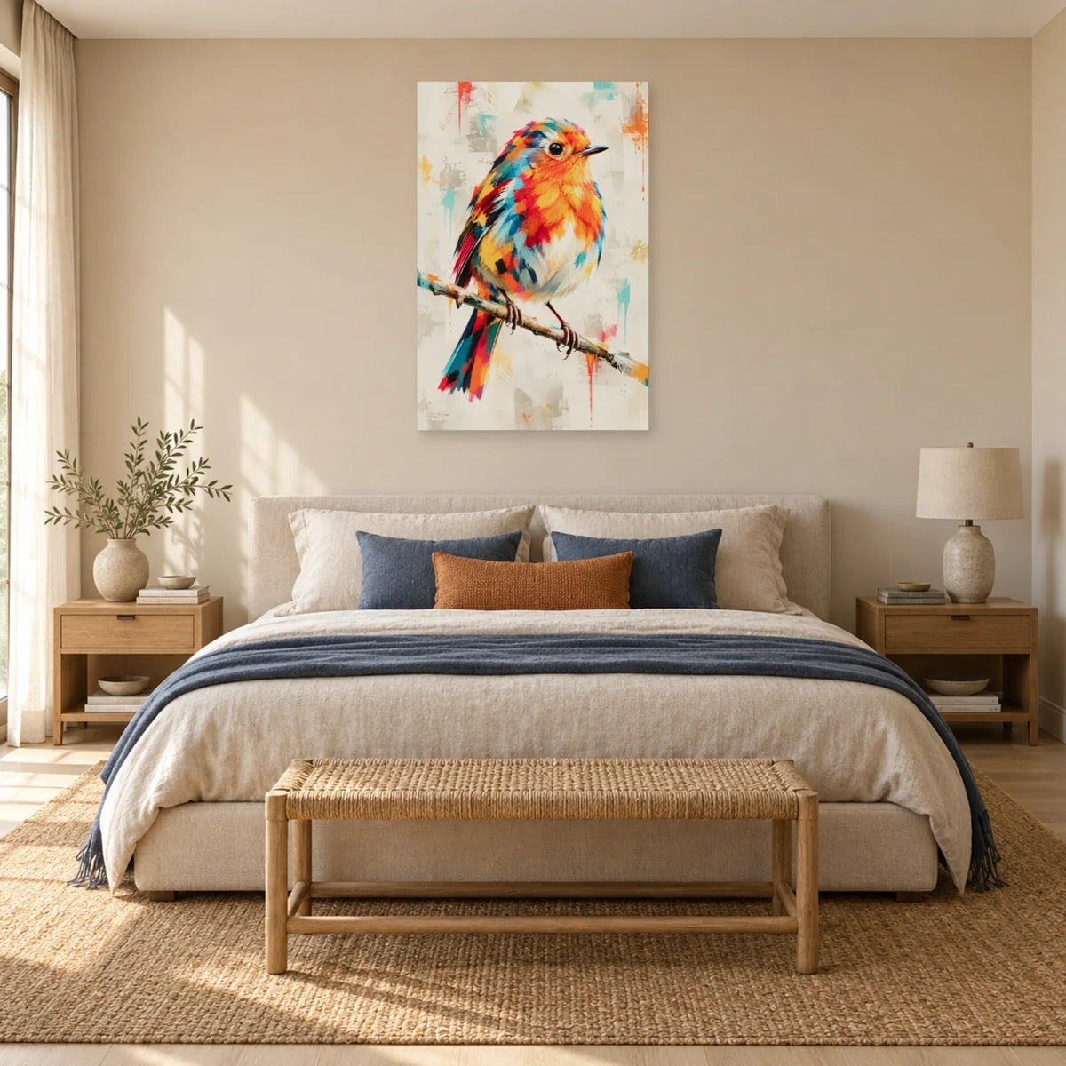 Tableau rouge-gorge multicolore – Élan sur la branche dans une chambre - Art Virtuoso