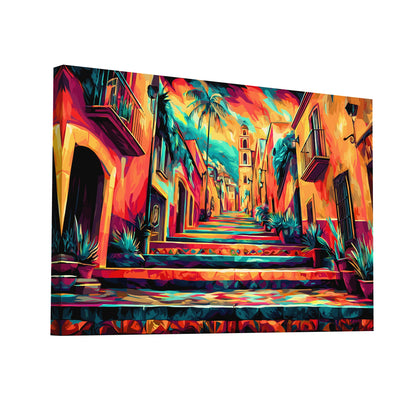 Product Hero 3D WebP Tableau Rue Mexicaine Escaliers Colorés – Perspective Urbaine - Art Virtuoso