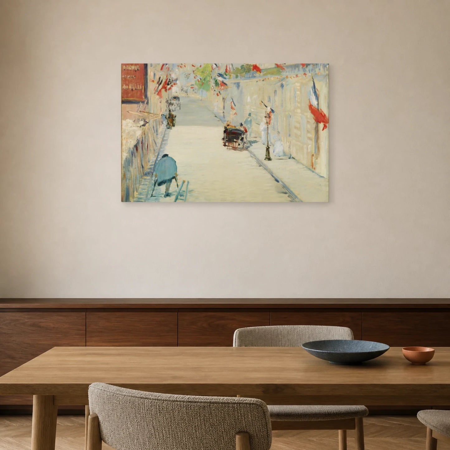 Tableau La Rue Mosnier aux drapeaux – Édouard Manet dans une salle à manger - Art Virtuoso