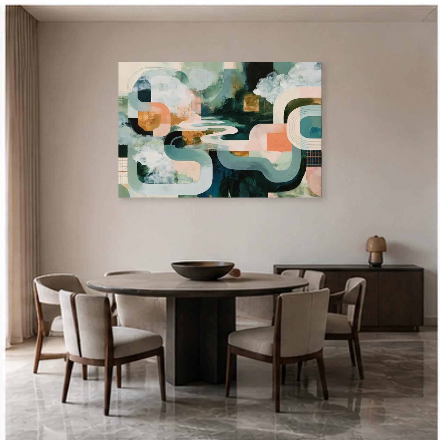 Tableau Salle à Manger Moderne - Horizon Abstrait dans une salle à manger - Art Virtuoso