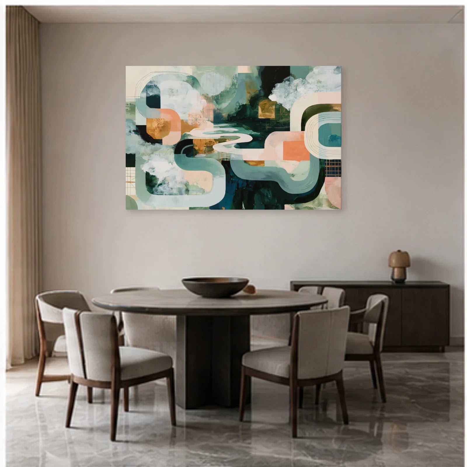 Tableau Salle à Manger Moderne - Horizon Abstrait dans une salle à manger - Art Virtuoso