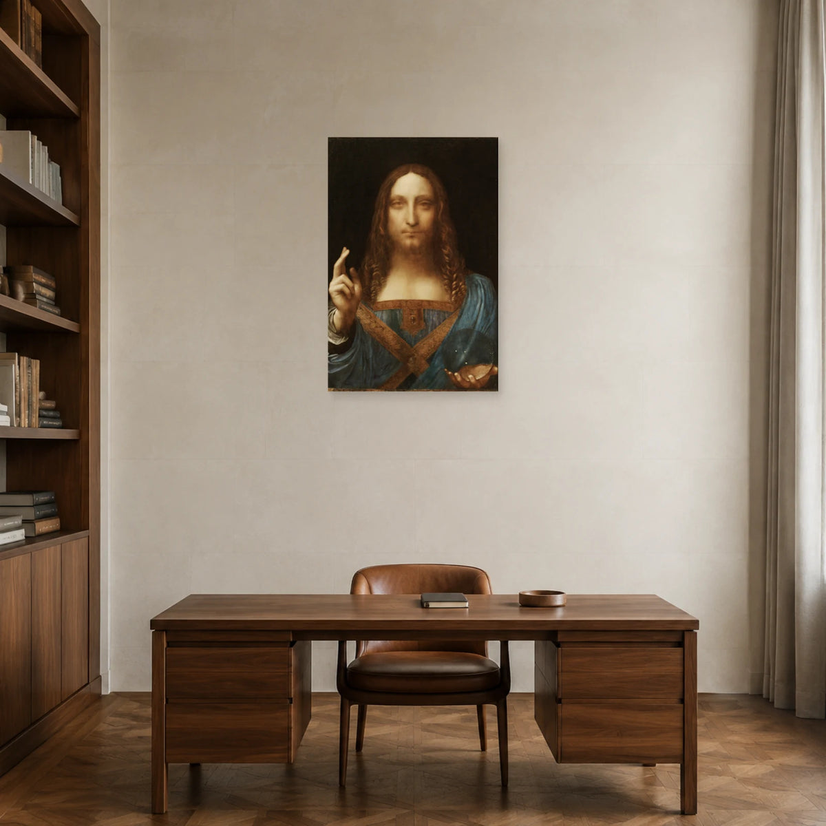 Tableau Salvator Mundi, attribué à Léonard de Vinci dans un bureau - Art Virtuoso