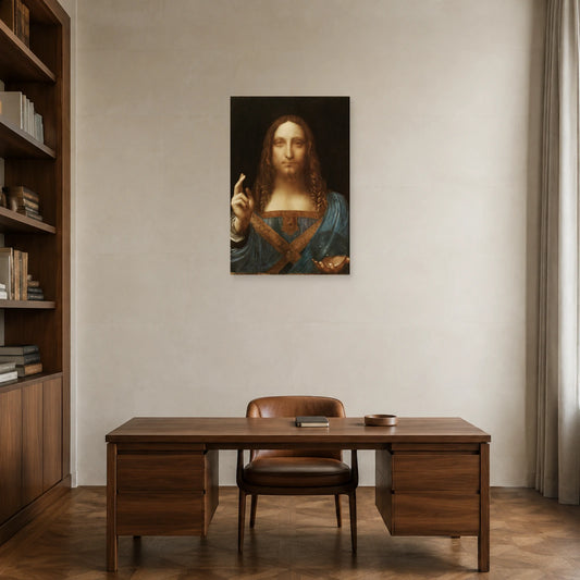 Tableau Salvator Mundi, attribué à Léonard de Vinci dans un bureau - Art Virtuoso