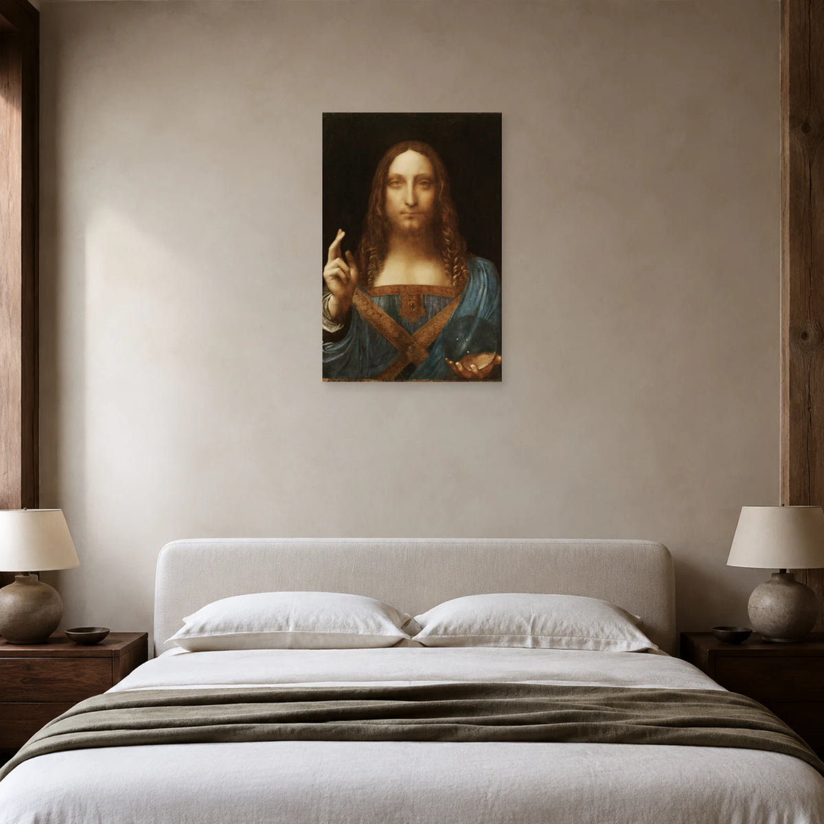 Tableau Salvator Mundi, attribué à Léonard de Vinci dans une chambre - Art Virtuoso