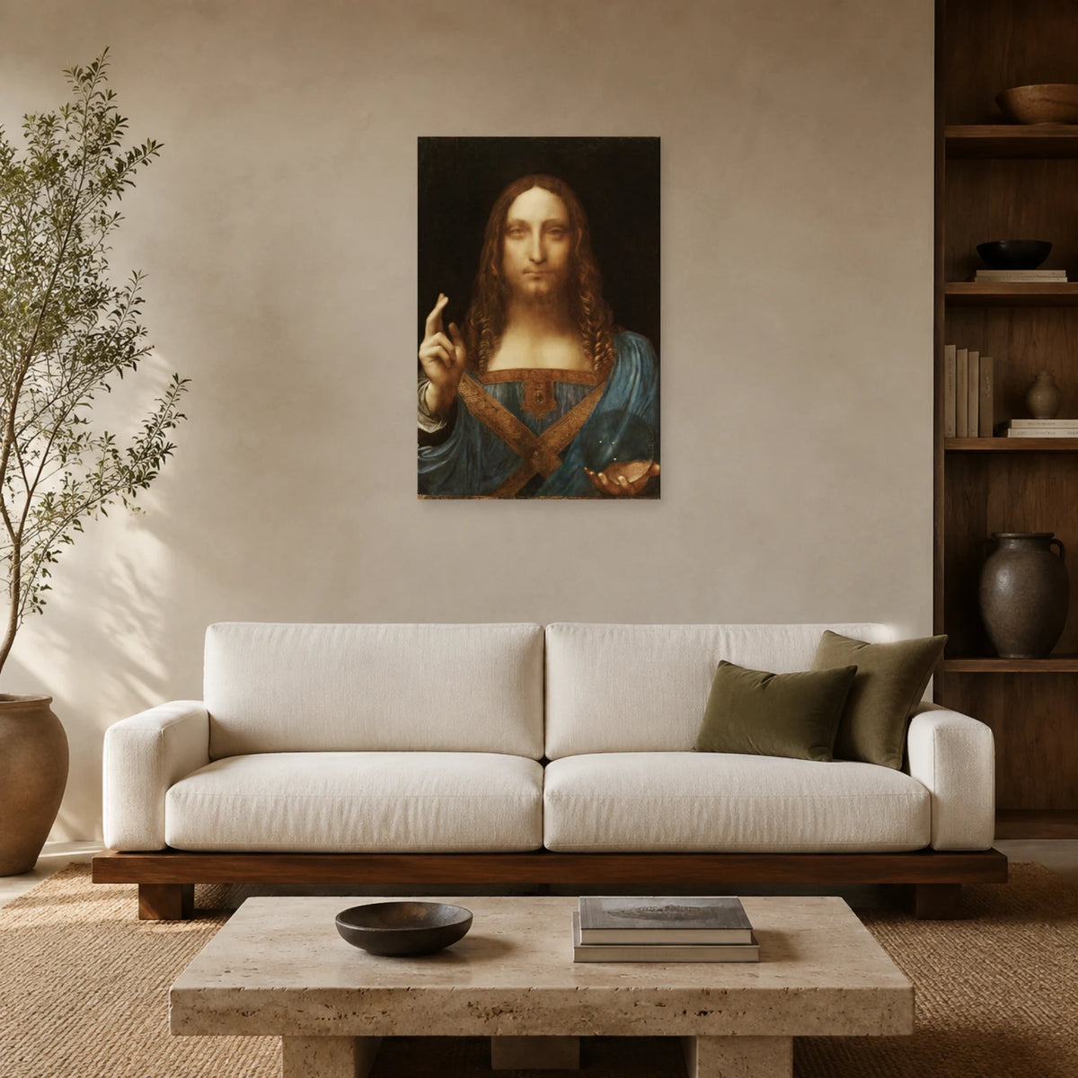 Tableau Salvator Mundi, attribué à Léonard de Vinci dans un salon - Art Virtuoso