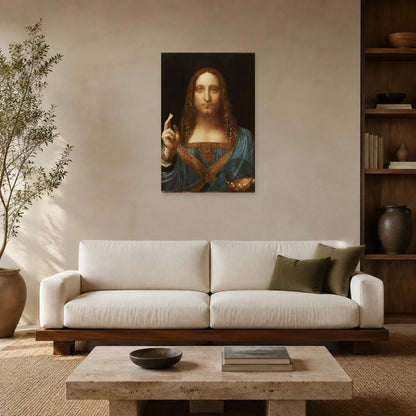 Tableau Salvator Mundi, attribué à Léonard de Vinci dans un salon - Art Virtuoso