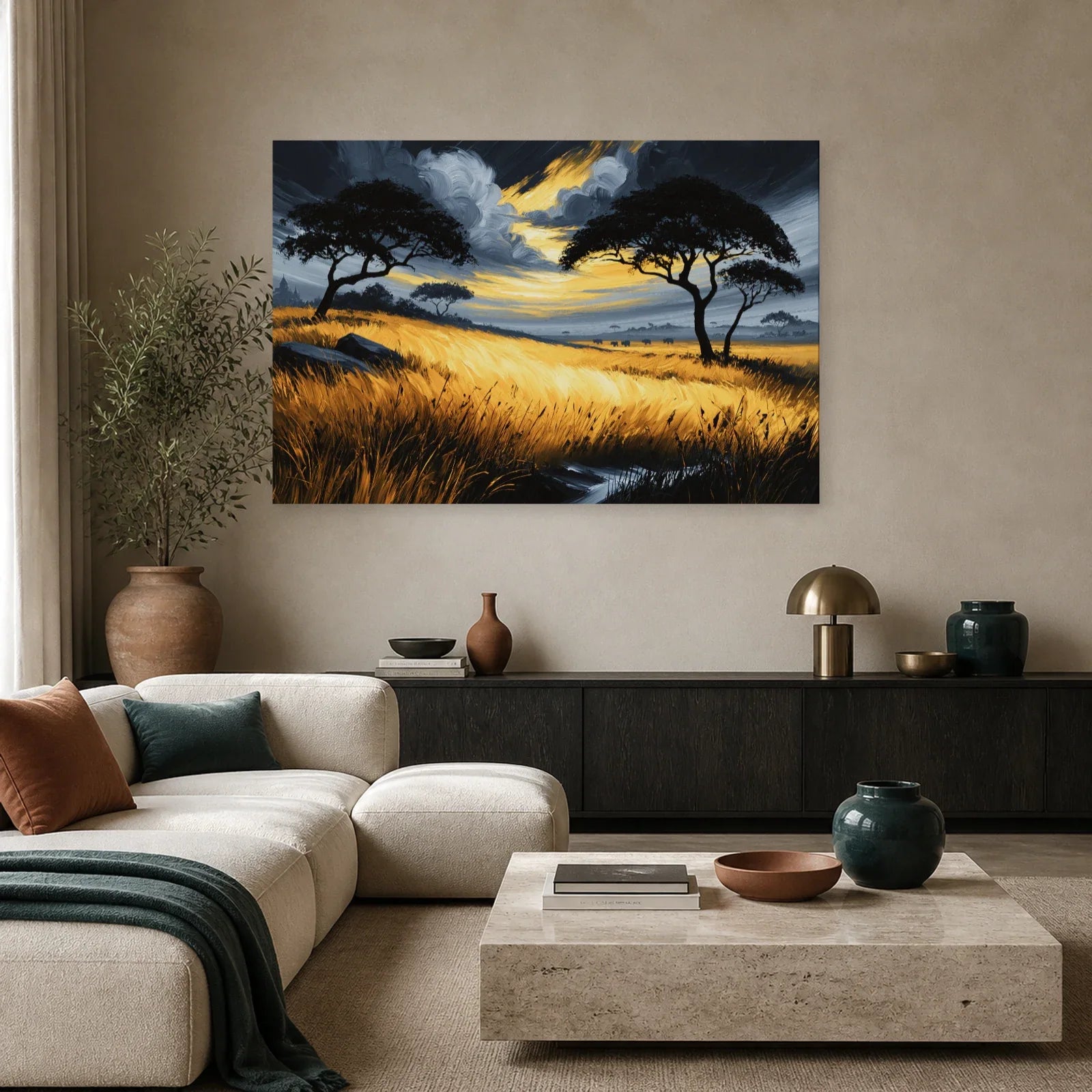 Tableau Savane Africaine Peinture - Horizon d Orage dans un salon - Art Virtuoso