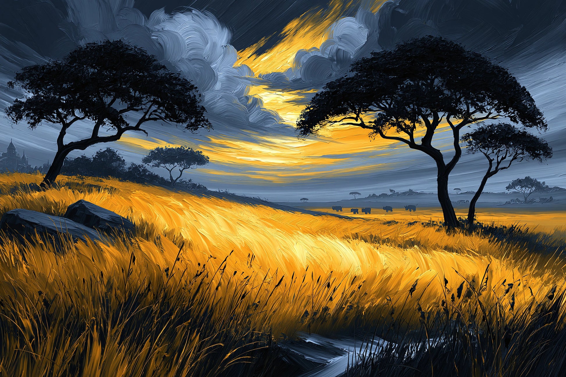 Tableau savane africaine peinture acacias coucher soleil - format S