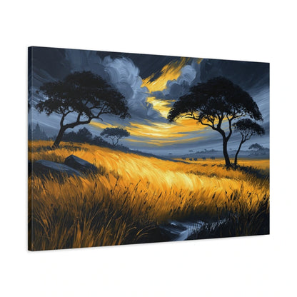 Tableau savane africaine peinture acacias coucher soleil - toile 3D avec bords imprimés visibles