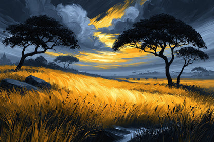 Tableau savane africaine peinture acacias coucher soleil - grand format XXL