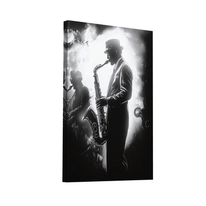 Product Hero 3D WebP Tableau Saxophoniste Noir et Blanc - Blues Nocturne - Art Virtuoso